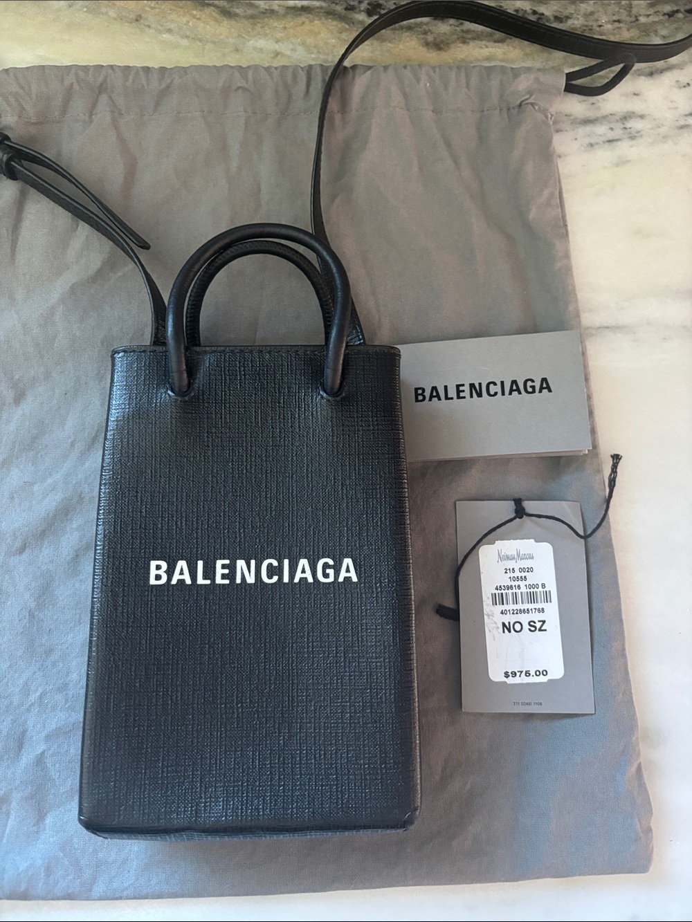 Balenciaga Black Textured Leather Mini Shopper with White Logo